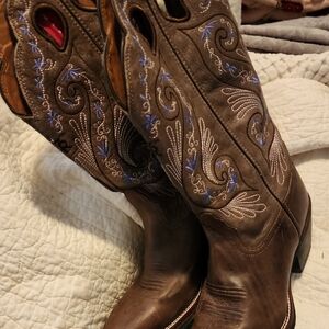 Tony Lama Brown and Blue Embroidered Heeled Boots